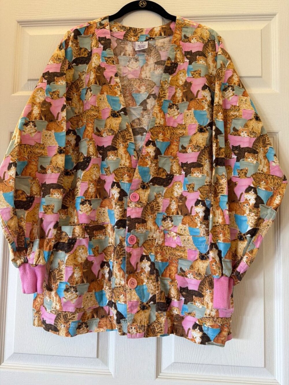 S.C.R.U.B.S. Unisex Cat Print Button-Up Jacket With Pink Cuffs 100% Cotton Women